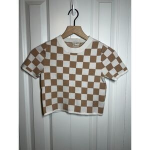 Debut Brown and White Checkered Short Sleeve Knit Top Size S